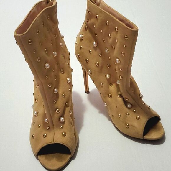 ShuShop Boho Neutral Pearl Beaded Open Toe Funky High Heel Booties Party - Picture 1 of 9